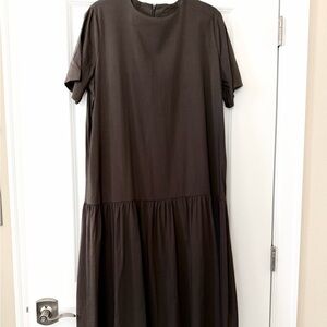 Dark Brown Women’s Midi Dress with Ruffle XL - Classic Minimalist